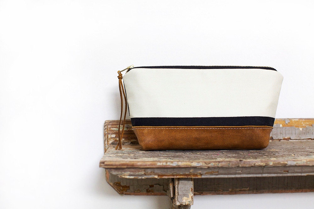 leather zip clutch, black and white color block stripes, french, nautical inspired clutch bag