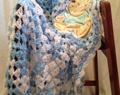 Crocheted baby blue teddy bear patch afghan blanket