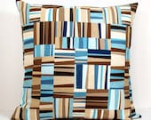 Blue and Brown Abstract Strip Mosaic decorative throw pillow cover 18 x18 inches /Accent cushion sham/ slipcover.