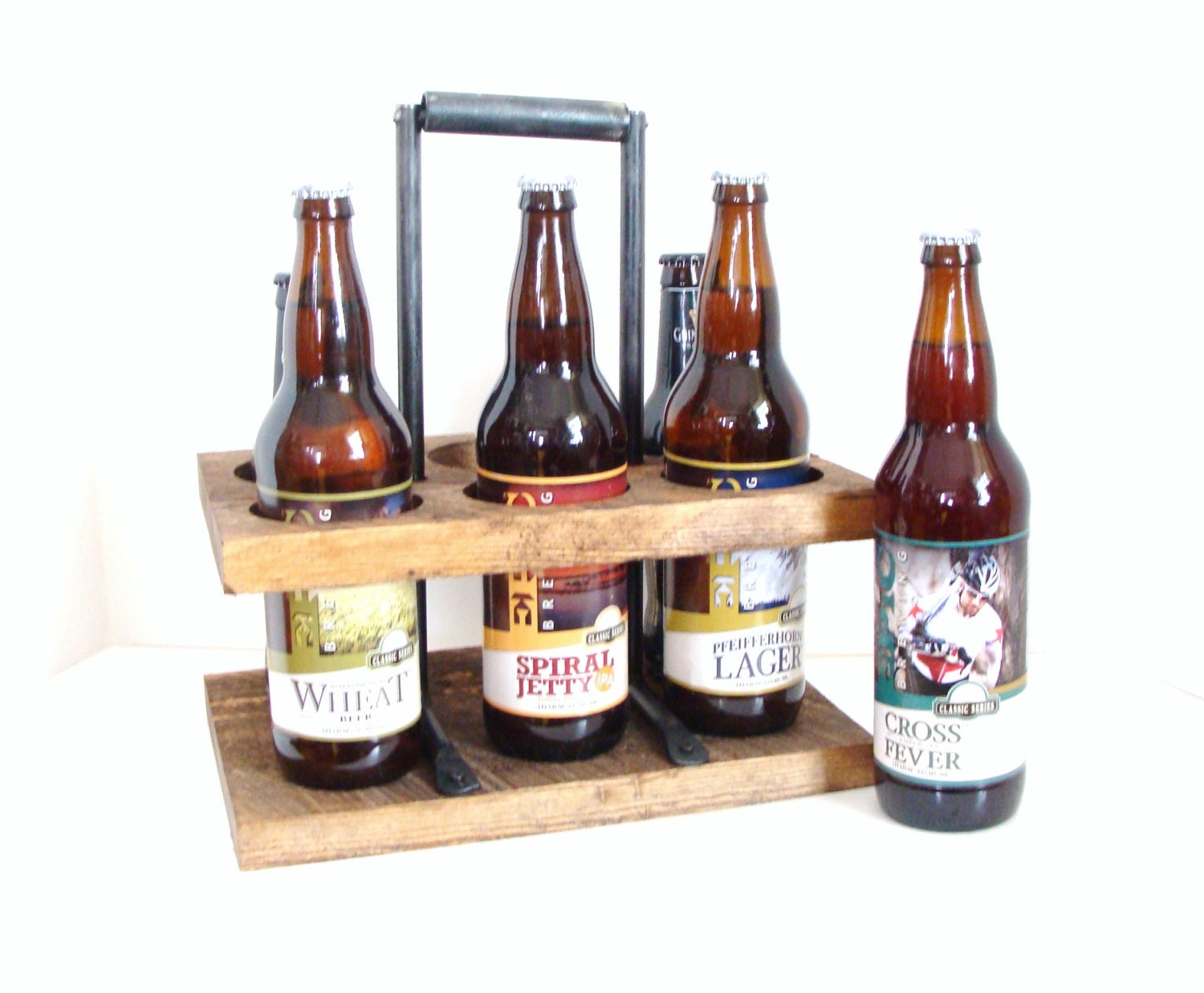 22 oz Homebrew Beer Caddy 6-pack Bottle Carrier Wooden Beer Caddy 22oz Microbrew Reclaimed Wood Groomsmen Gift The Macho Carrier Iron Handle