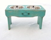Elevated Dog Feeder, Dog Bowl Holder Pets Feeding Dish Beach Coastal Cottage Decor Sea Green Blue