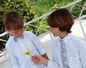 Boys Gray and White Medallion Print Bow Tie, pre-tied and adjustable, bowtie in infant, toddler, child, preteen boy sizes