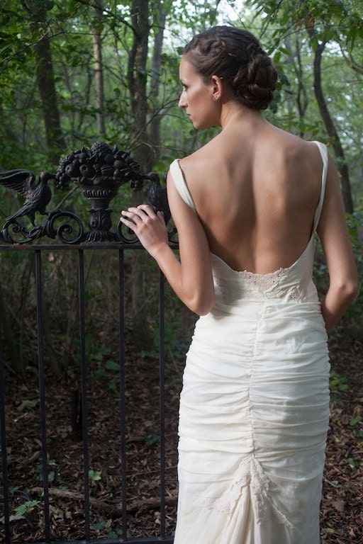 Willow Ruched Sheath Eco Cotton Gown with Lace and Open Back