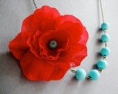 Fabric Flower Necklace,Red Poppy Necklace,Aqua Jewelry,Pearl Necklace (Free matching earrings)