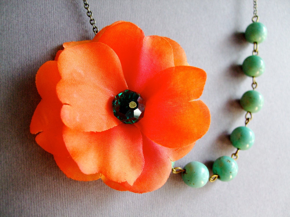 Orange Fabric Necklace, Teal Jewelry,Bridesmaid Necklace,Bohemian Jewelry,Turquoise Jewelry,Spring Jewelry (Free matching earrings)