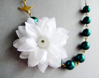 White Fabric Necklace, Teal Jewelry,Bridesmaid Necklace,Romantic Jewelry,Spring Jewelry (Free matching earrings)