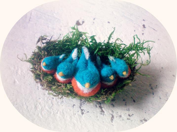 Miniature Felted Bluebird Family
