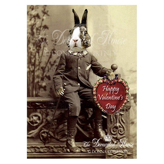 VALENTINEs Day BEAU BUNNY Art Print . Vintage Style. Happy Valentines Day. 5 x 7 inch Print. Handmade Art. The Decroated House