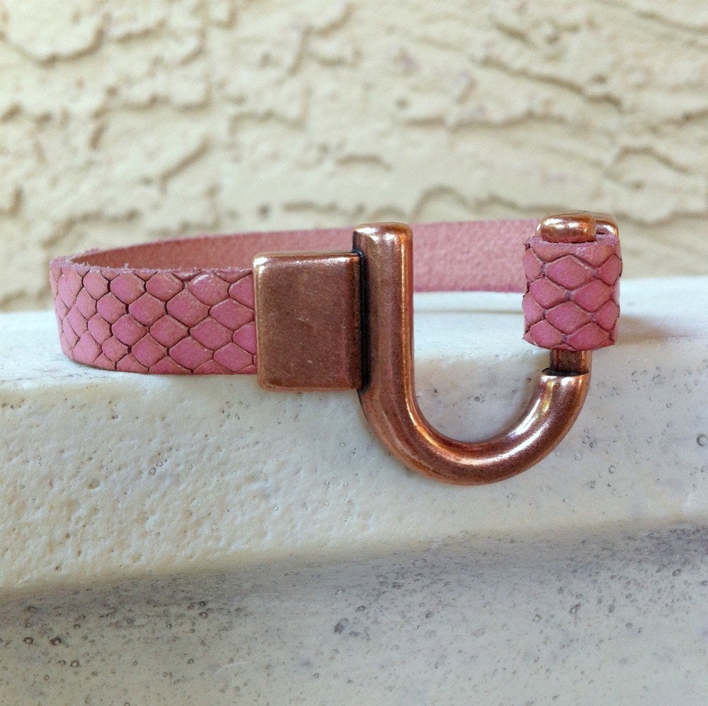 New - Muted Pink Leather Cuff Bracelet - Greek Leather, Faux Snakeskin