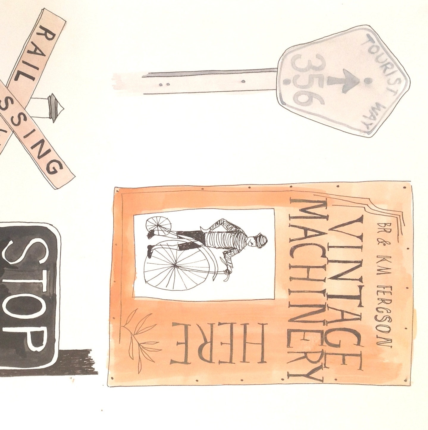 Old vintage signs railway road original watercolour sketch