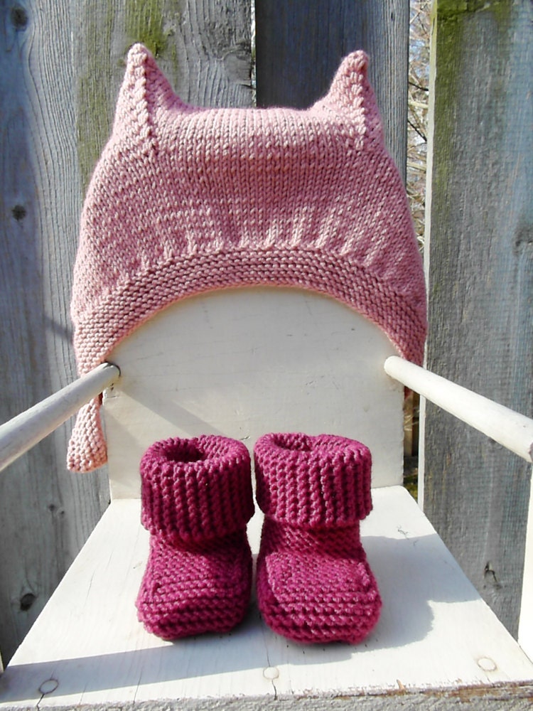 Cat Ears Hat & Booties Hand Knit Set for Baby or Child, Made to Order