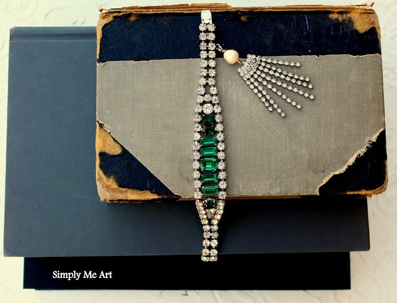 Vintage Emerald and Clear Rhinestone and Baroque Pearl Bracelet.. Adorn Me two