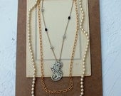 Vintage Pearl, Rhinestone and Onyx Long Layered Necklace...Lady Like, 7