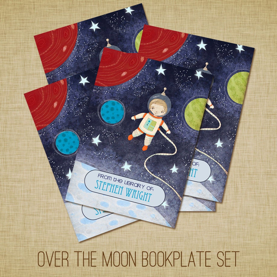 Personalized Bookplates Over the Moon Set of 18 astronaut boy space explorer blue red green star outer space