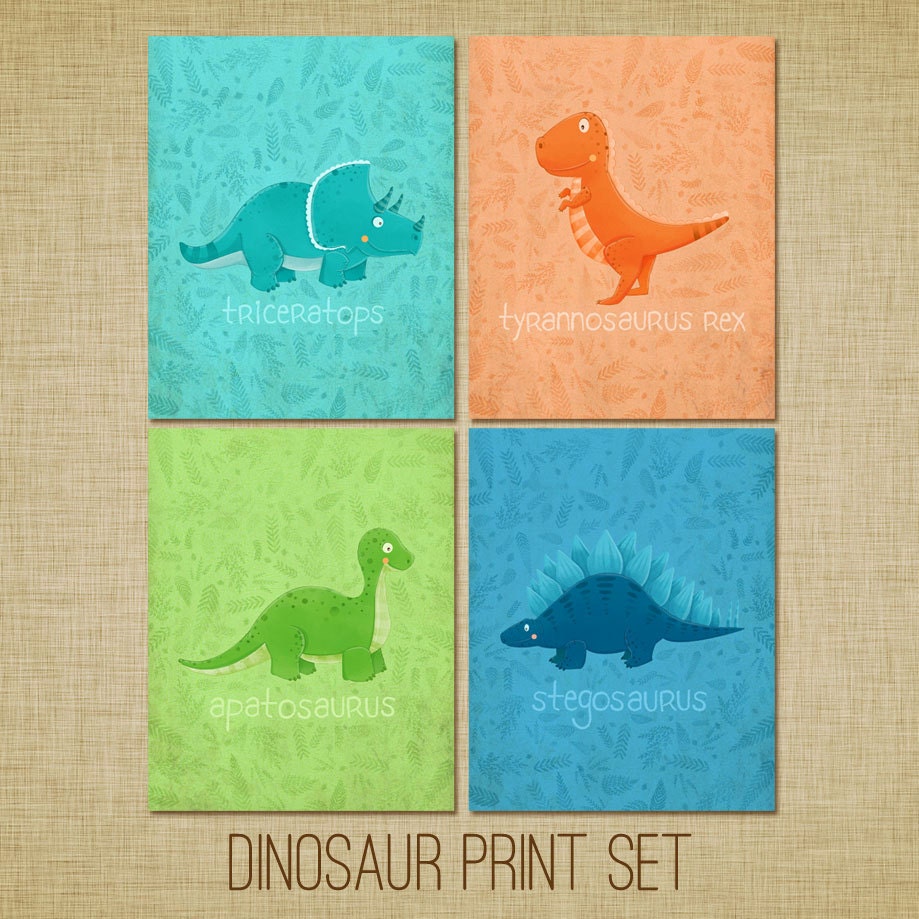 Kids Dinosaur Art Print Set of 4 Prints - tyrannosaurus stegosaurus apatosaurus trex dino dinosaur cute whimsical kids nursery art
