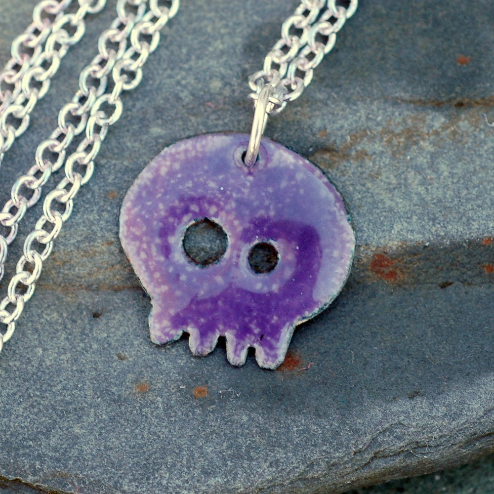 Skull Pendant Copper Enamel Necklace Baby Violet