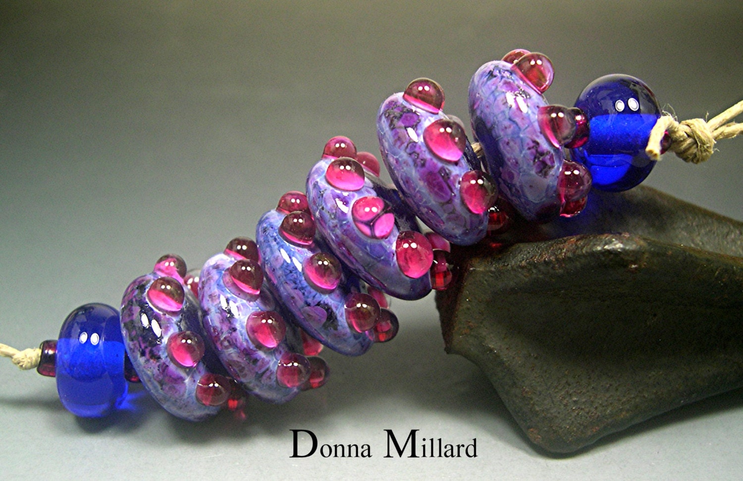 HANDMADE LAMPWORK Glass Beads SET Donna Millard sra lamp work purple teal turquoise grape wine winter ice snow