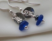 Hammered Sterling Silver Colbalt Beach Sea Glass Earrings