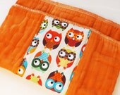 Embellished Dyed Prefold Cloth Diaper / Burp Cloth - Infant Size - Woodland Owls on Orange