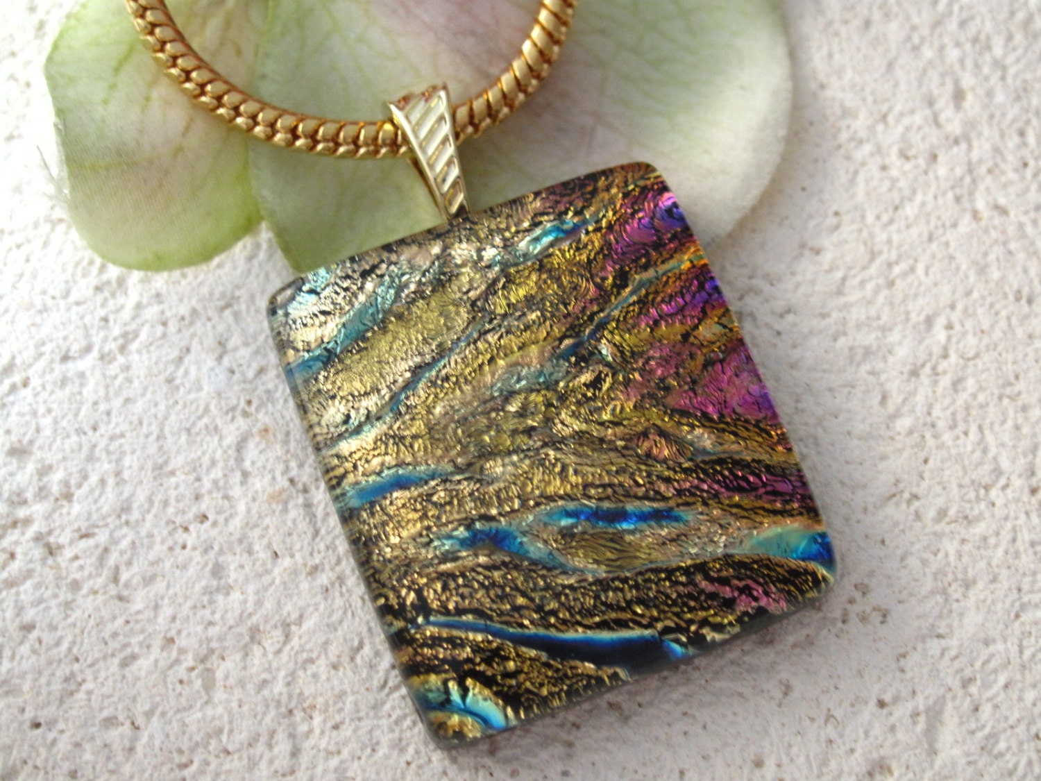 Golden Pink Purple -  Necklace - Fused Glass Pendant - OOAK -  Dichroic Fused Glass Pendant  Jewelry - Necklace  041513p103