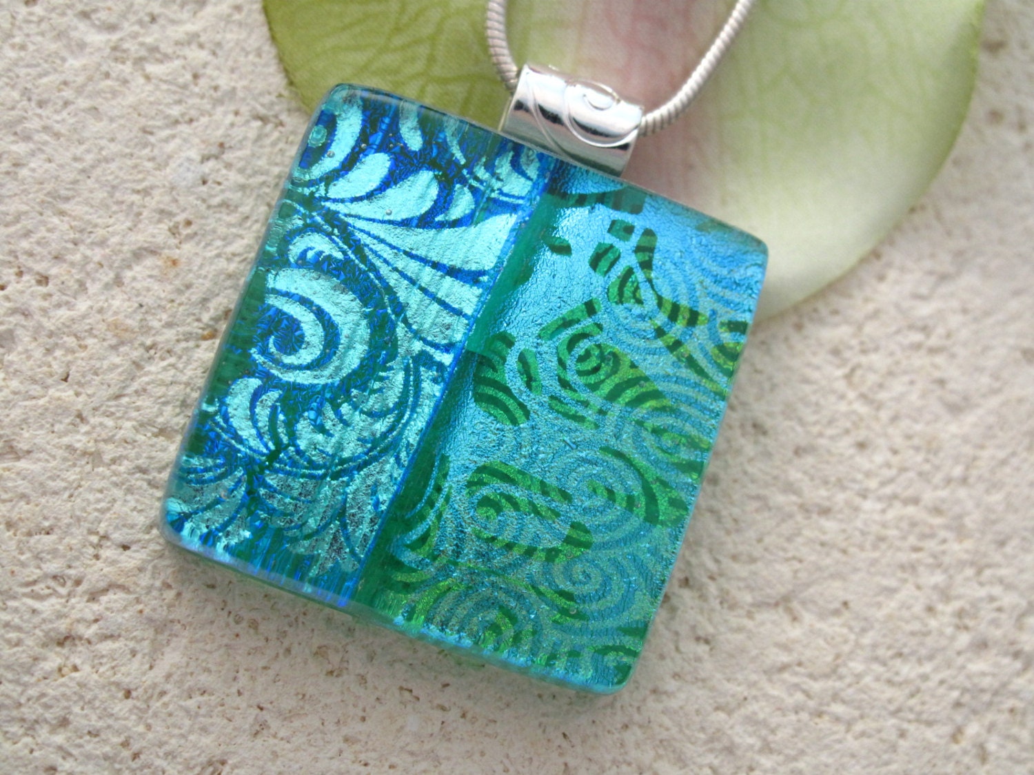 Emerald Green and Aqua - Pendant -  Fused Glass Jewelry - Dichroic Glass Jewelry - Necklace Emerald - 050713p100
