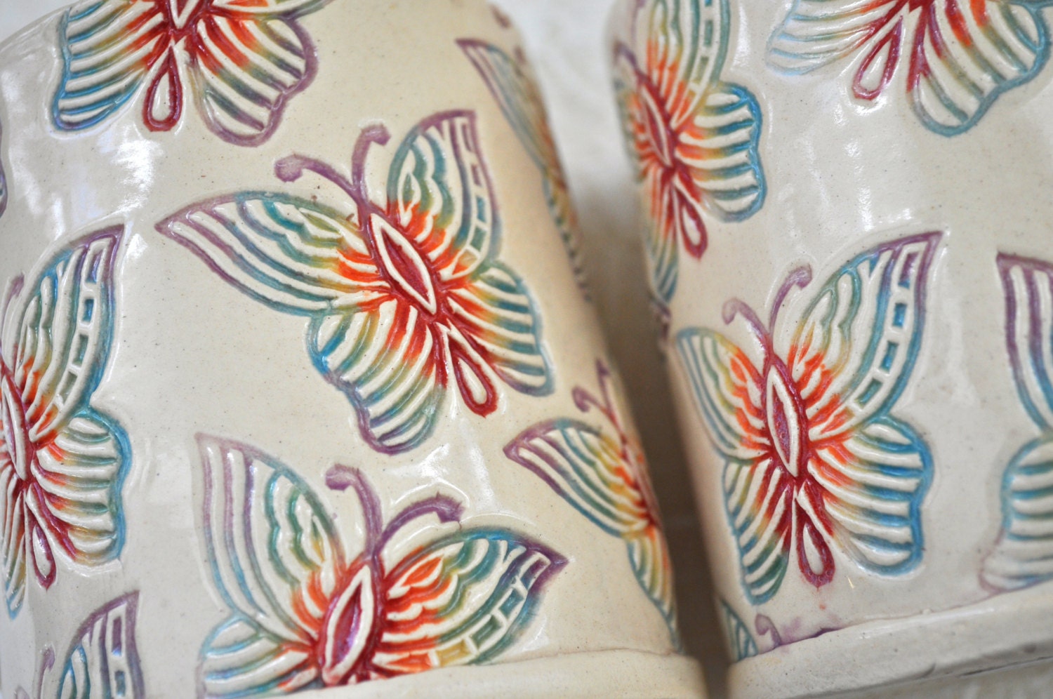 Butterfly Rainbow Mug- Handbuilt, Block-printed, colorful coffee mug in bright colors- royal blue interior
