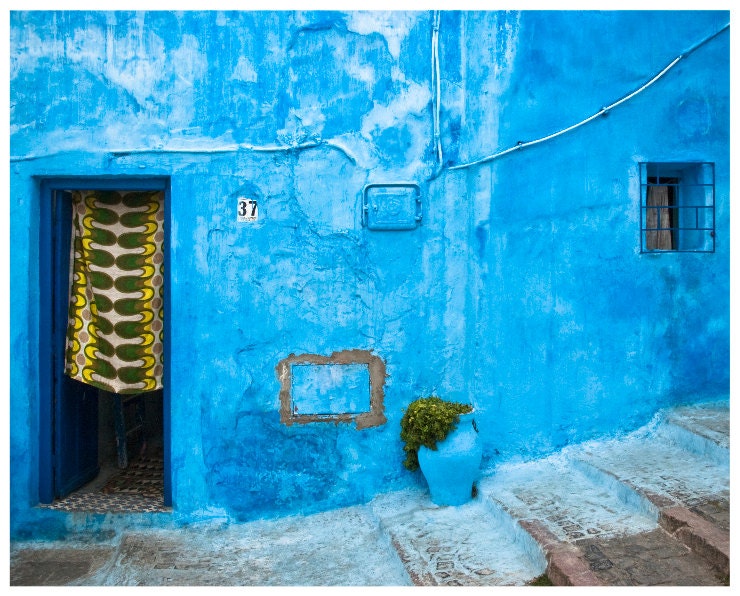 Moroccan Art Print - Blue House Door with Green and Yellow Curtain - 10x8 11x14 20x30 20x16 photograph wall art home decor print original