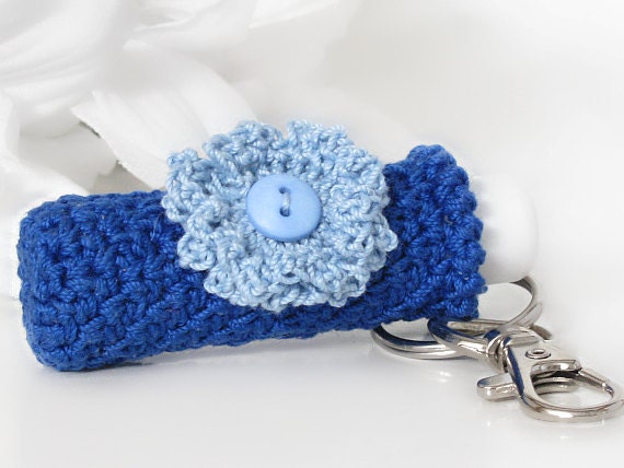 Lip Balm Holder, Royal Blue Crochet Key Chain, Key Holder with Blue Crochet Flower