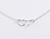 Two hearts - sterling silver hearts linked on sterling chain - dainty modern jewelry - edor  gift for her
