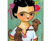 FRIDA Kahlo two MONKEYS portrait folk art PRINT of painting by tascha