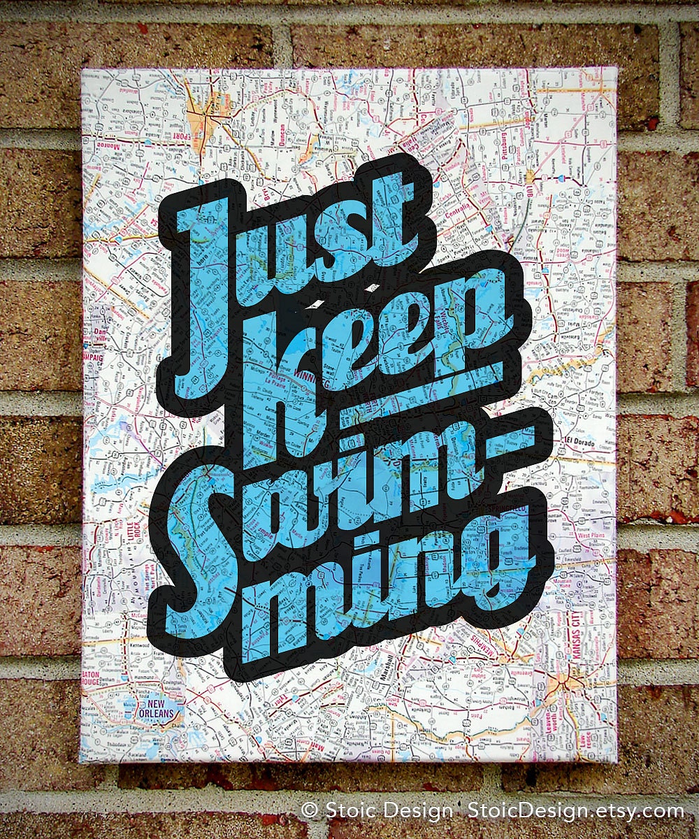 Just Keep Swimming - Vintage Map Quote on Canvas Art  - Graduation gift : Finding Nemo
