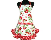 Retro Cherry Apron , Red Cherries on White , Adjustable with Pocket and Red Checkered Ruffle