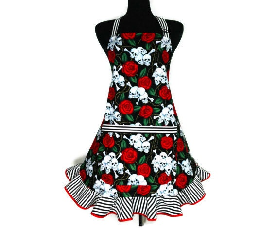 Skulls and Roses ,  Retro Kitchen Apron , Goth Hostess Style with Black and White Striped Ruffle