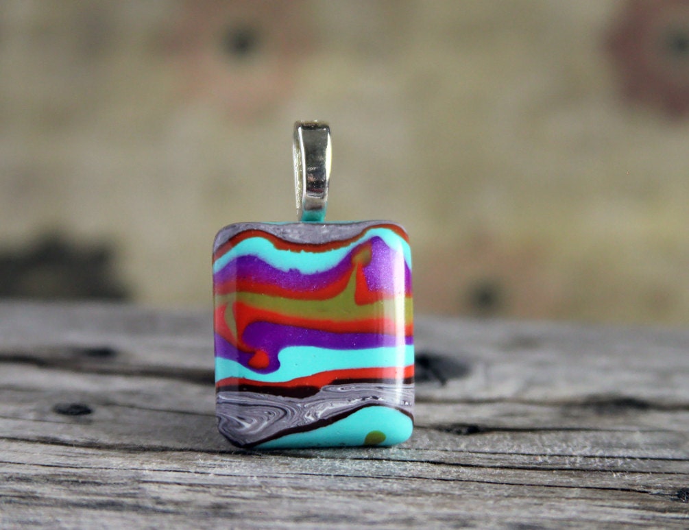 Colorful Landscape. Square polymer clay pendant.  Abstract.. Organic pattern. Tile pendant. Teal, purple, green, orange, grey