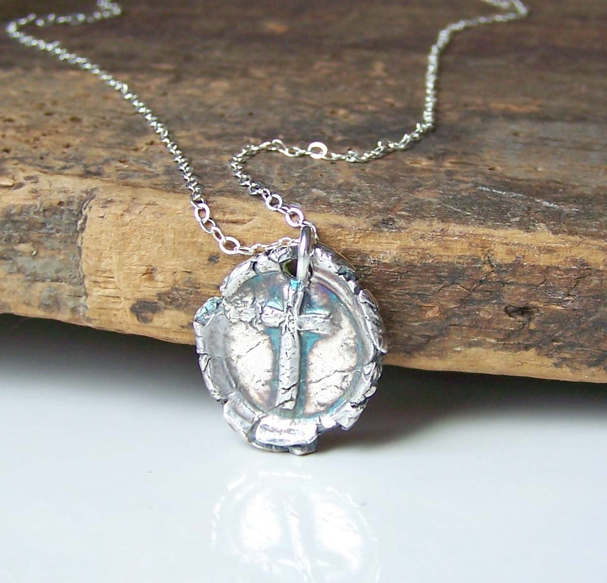 Etsy, Etsy Jewelry, Cross Necklace, Fine Silver Necklace, PMC Necklace, Stamped Wax Seal Necklace, Christian Necklace