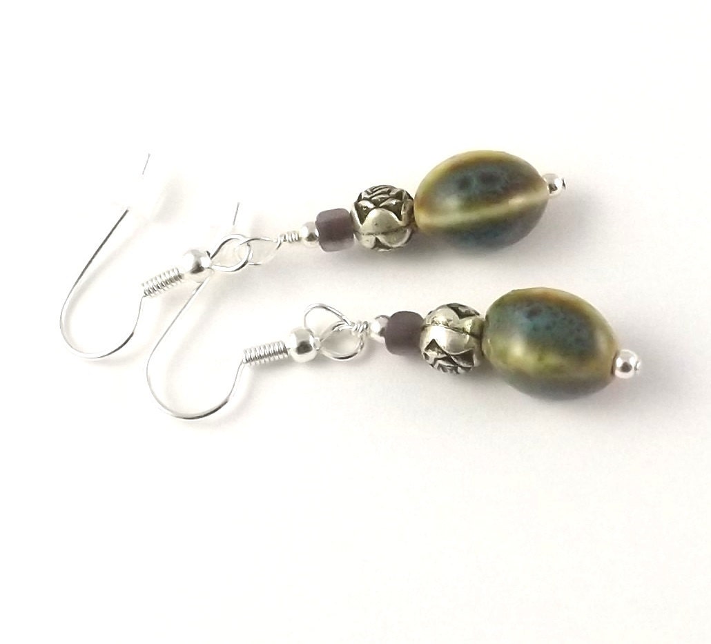 Cowrie Blue Green Teal Pottery Bead surgical steel french hook earrings
