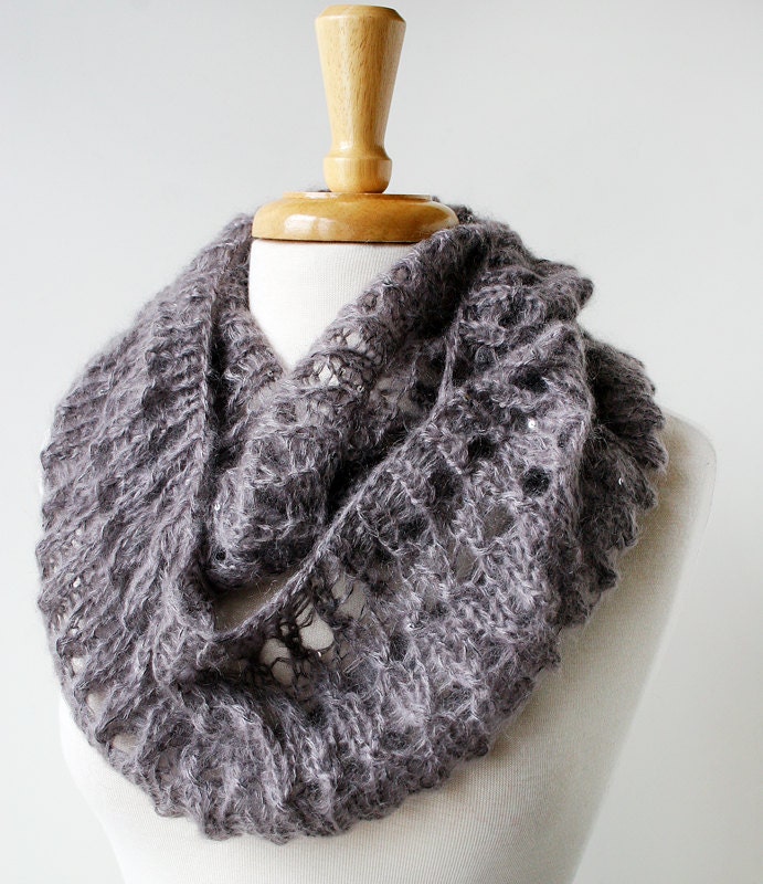 Women Fashion - Infinity Hand-Knit Scarf with Sequins - Mohair and Silk Cowl Snood Scarf - Rose Grey