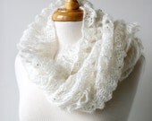 Women Fashion - Infinity Hand-Knit Scarf with Sequins - Mohair and Silk Cowl Snood Scarf - Ivory
