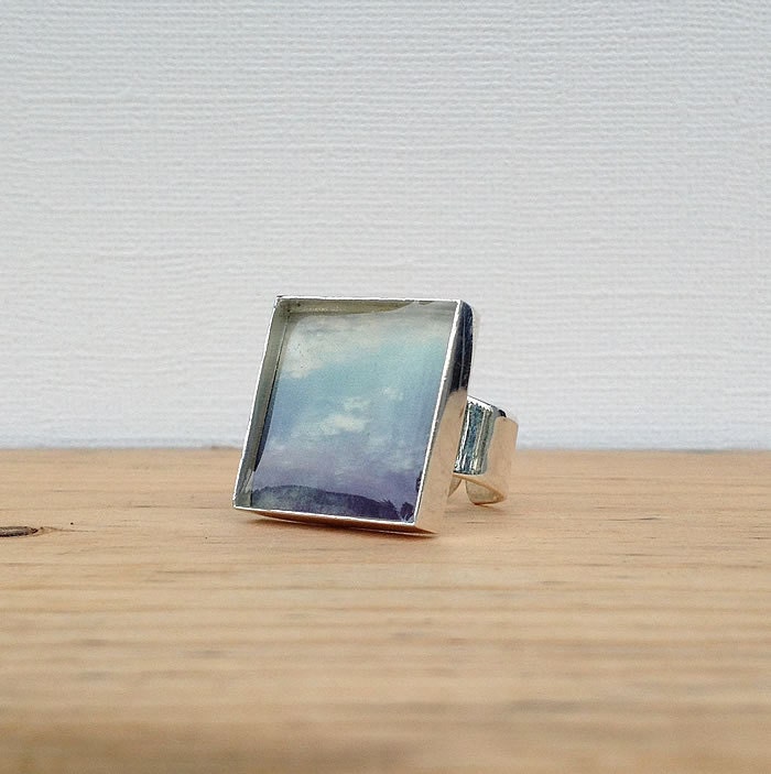 Instagram photo ring in resin and silver "Clouds" wearable art