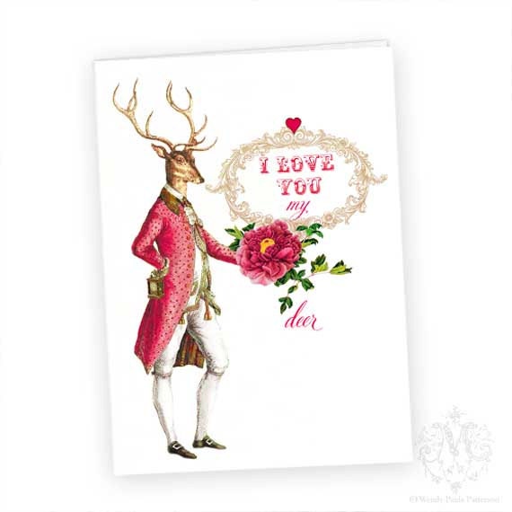 Deer, Stag, Greeting Card, I love you, Woodland, Anthropomorphic, Antlers, Red Heart, Flower, Birthday Card