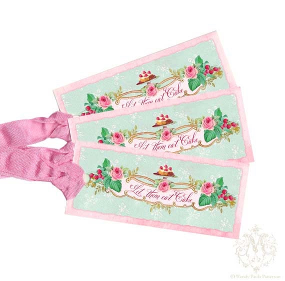 Let Them Eat Cake Gift tags, French, Raspberries, Marie Antoinette, Party decorations, Pink Roses, Shower tea, Mint Green, High Tea