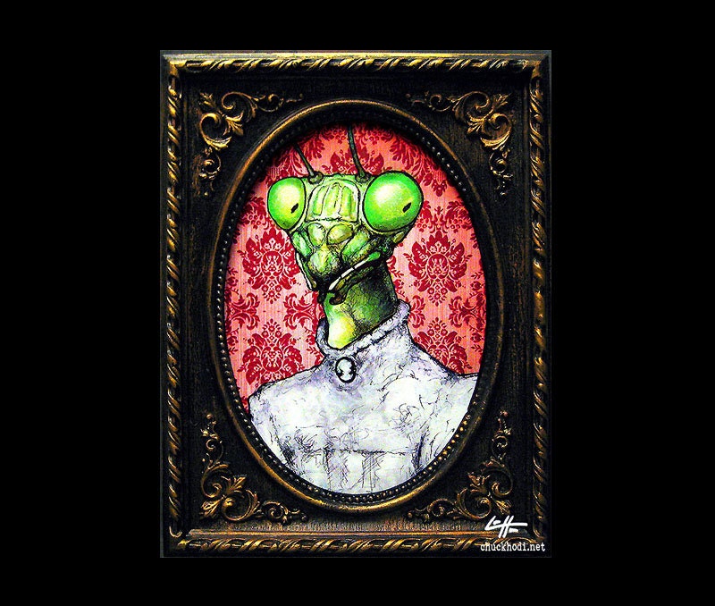 Lady Mantis - Original - Victorian Insect Cameo Edwardian Creepy Cute Surreal Fantasy Bugs Nature Gothic Wedding Dress Green Yellow Pop