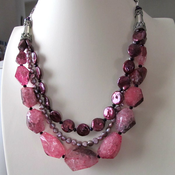 Chunky pink rock crystal and freshwater pearl beaded necklace, burgandy coin pearls, lavender pearls, silver necklace, beaded jewelry
