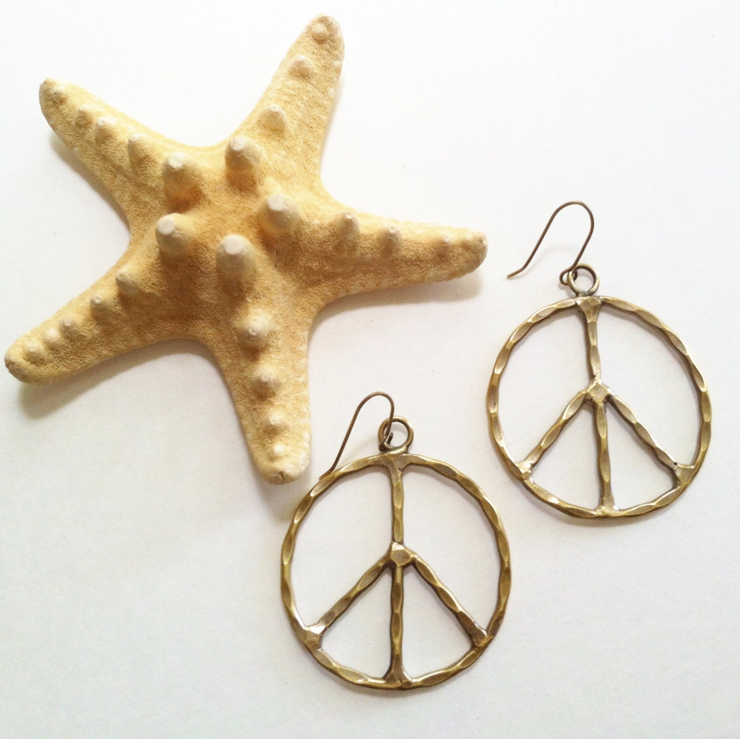 vintage hammered brass peace sign earrings