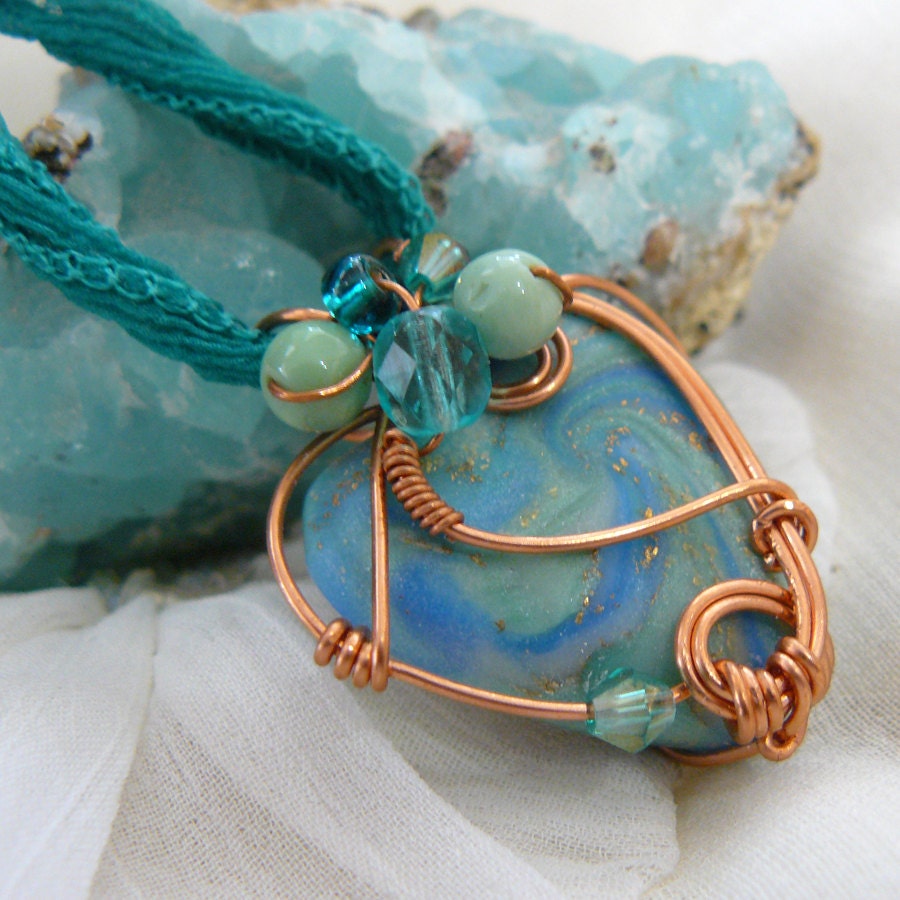 Green Swirl Polymer Clay Heart Pendant Wrapped in Copper