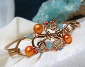 Orange Pearl and Aqua Swarovski Wire Wrapped Bronze Bangle Bracelet