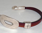 Brown and Dark Red Euro Leather and Pewter Clasp Cuff Bracelet