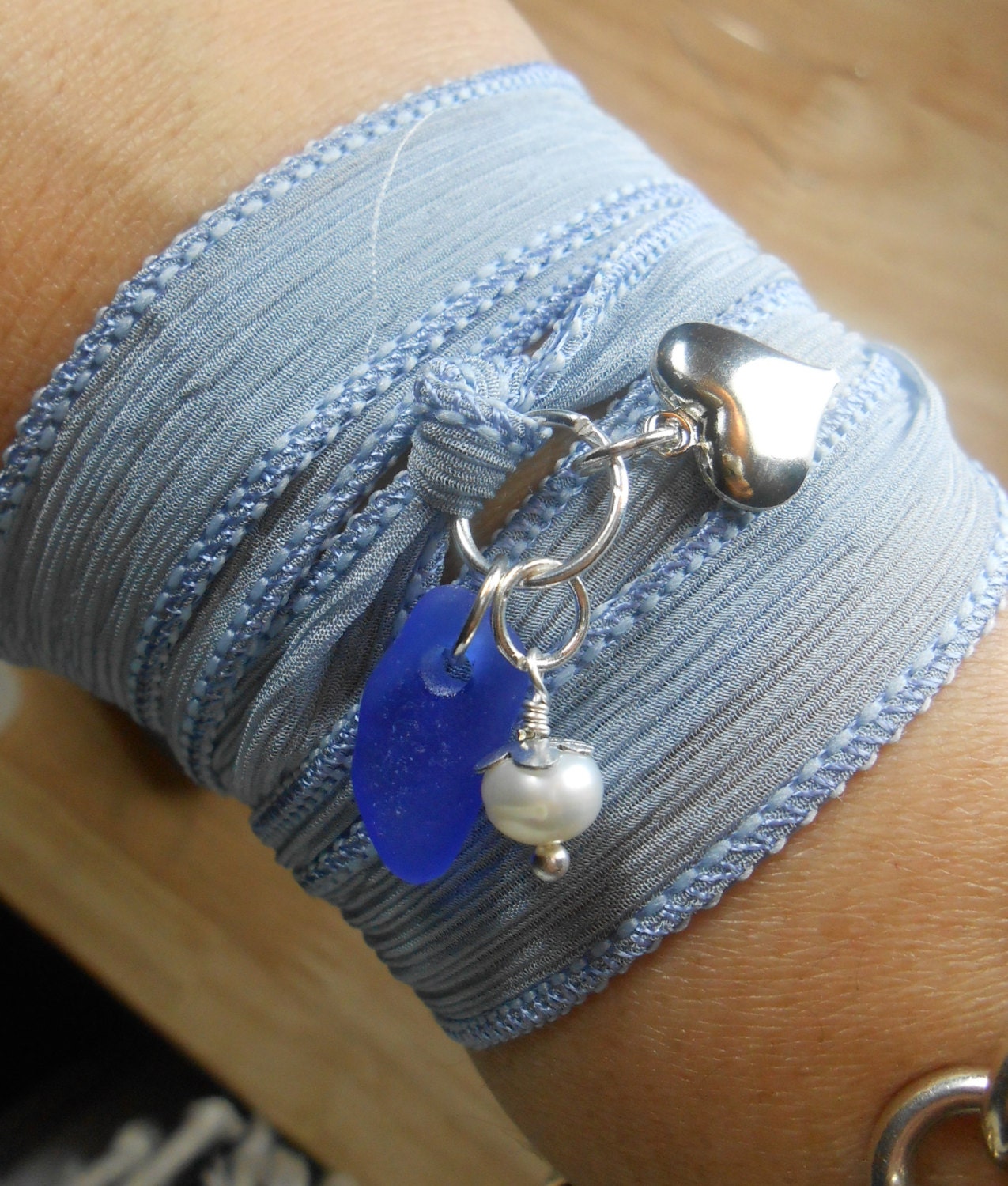 Sea Glass Jewelry -  Silk Ribbon Wrap Charm  Bracelet, Necklace, Or Anklet - Wrap It Up - TRUE BLUE