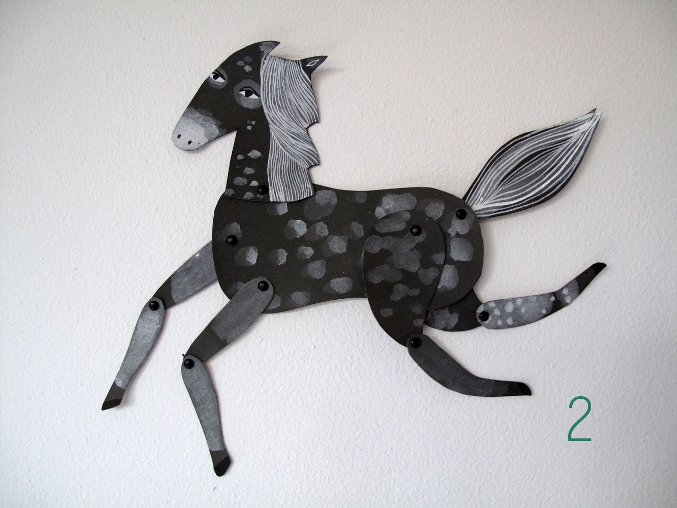 Shadow / Dark Grey, White and Aqua Horse Articulated Decoration  / Hinged Beasts Series