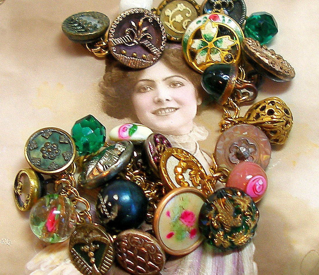 1800s Bird BUTTON charm bracelet, Antique Victorian flowers in pink & green.